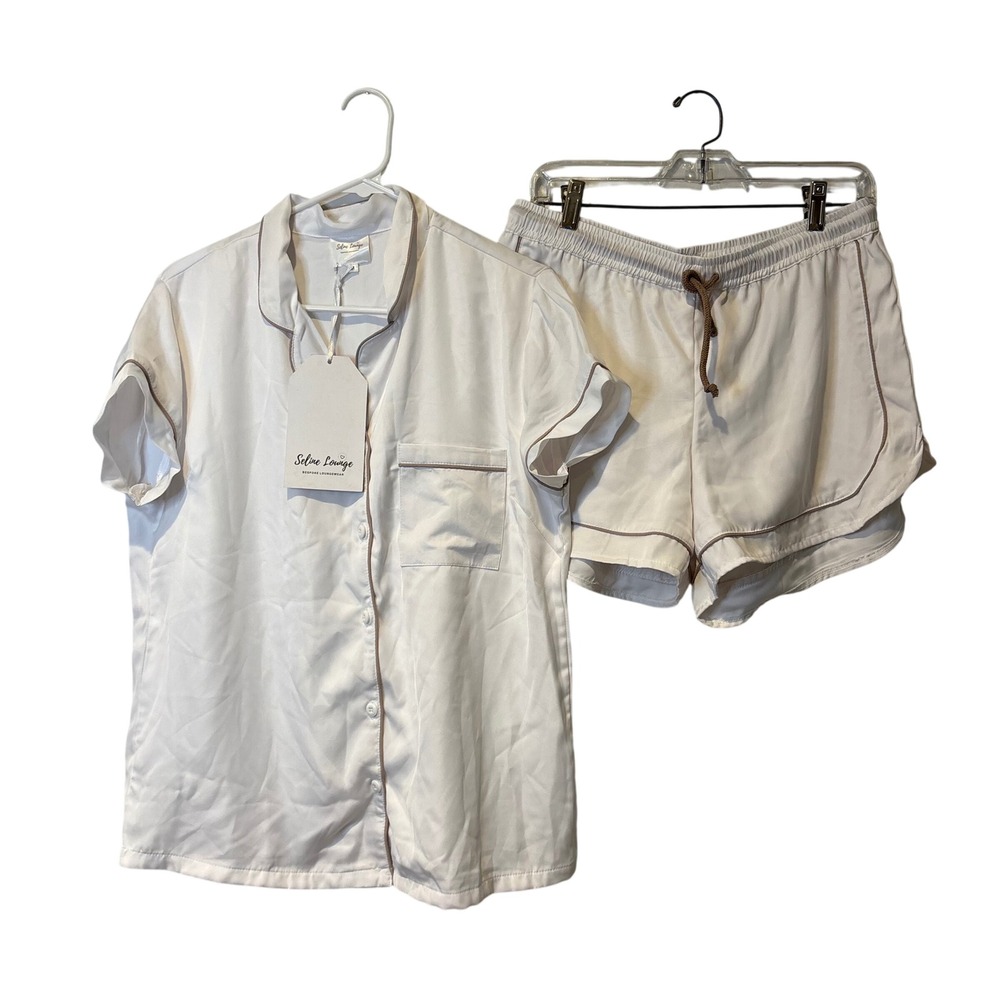 Seline Lounge Pajama Set Womens M White Satin SIlky Button Down Shorts Piping